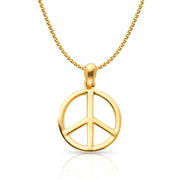 14K Gold Peace Sign CZ Charm Pendant with 1.2mm Flat Open Wheat Chain Necklace