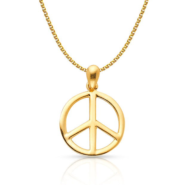 14K Gold Peace Sign CZ Charm Pendant with 1.2mm Flat Open Wheat Chain Necklace