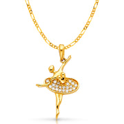 14K Gold Fancy Twirling Ballerina Dancer CZ Charm Pendant with 2mm Figaro 3+1 Chain Necklace