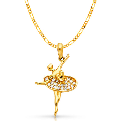 14K Gold Fancy Twirling Ballerina Dancer CZ Charm Pendant with 2mm Figaro 3+1 Chain Necklace