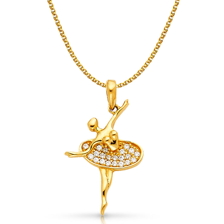 14K Gold Fancy Twirling Ballerina Dancer CZ Charm Pendant with 1.2mm Flat Open Wheat Chain Necklace