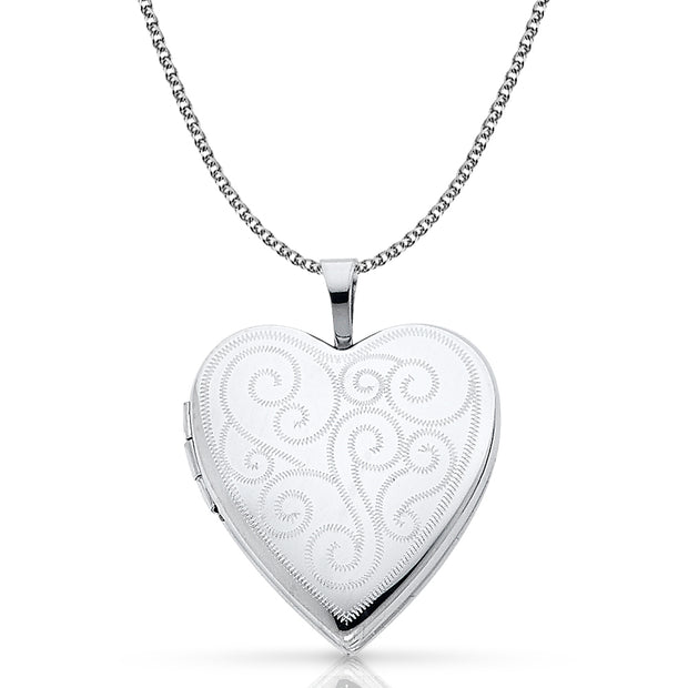 14K Gold Engraved Fancy Heart Locket Pendant with 1.2mm Singapore Chain