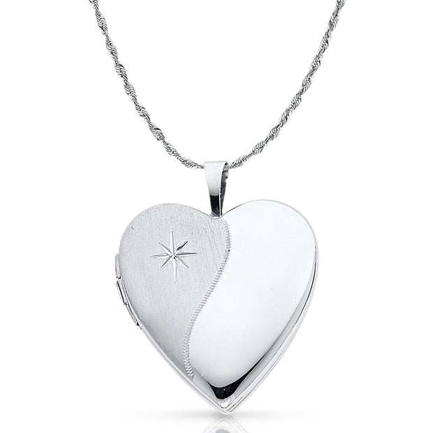 14K Gold Offset CZ Heart Locket Pendant with 2mm Rope Chain