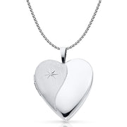 14K Gold Offset CZ Heart Locket Pendant with 1.3mm Flat Open Wheat Chain