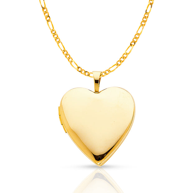 14K Gold Plain Heart Locket Charm Pendant with 2mm Figaro 3+1 Chain Necklace