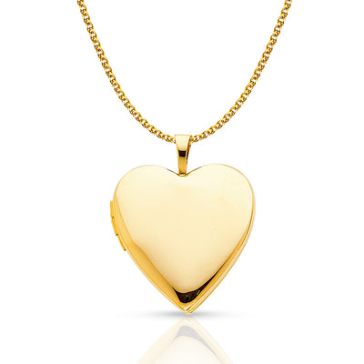 14K Gold Plain Heart Locket Charm Pendant with 1.5mm Flat Open Wheat Chain Necklace