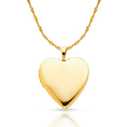 14K Gold Plain Heart Locket Charm Pendant with 1.2mm Singapore Chain Necklace