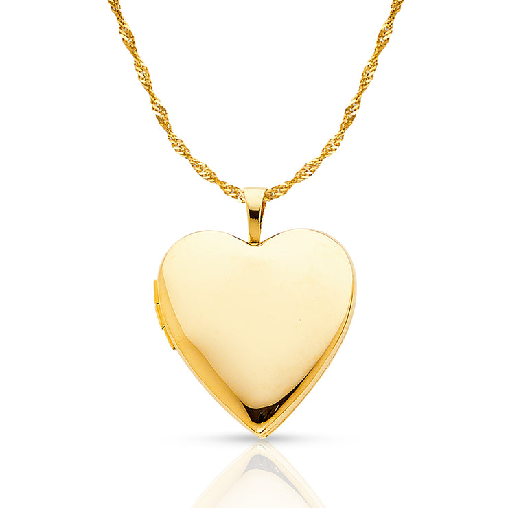 14K Gold Plain Heart Locket Charm Pendant with 1.2mm Singapore Chain Necklace