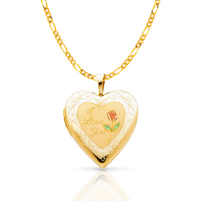 14K Gold Engraved Heart 'I Love You' with Enamel Rose Flower Locket Charm Pendant with 2.3mm Figaro 3+1 Chain Necklace
