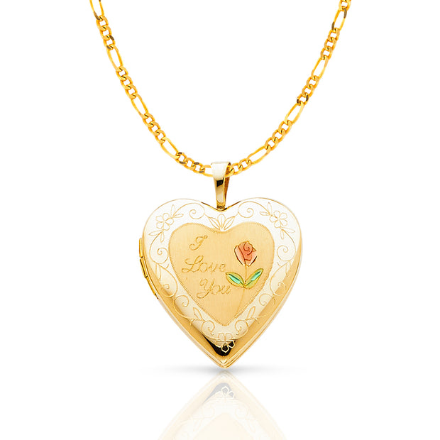 14K Gold Engraved Heart 'I Love You' with Enamel Rose Flower Locket Charm Pendant with 2.3mm Figaro 3+1 Chain Necklace