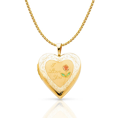 14K Gold Engraved Heart 'I Love You' with Enamel Rose Flower Locket Charm Pendant with 1.5mm Flat Open Wheat Chain Necklace