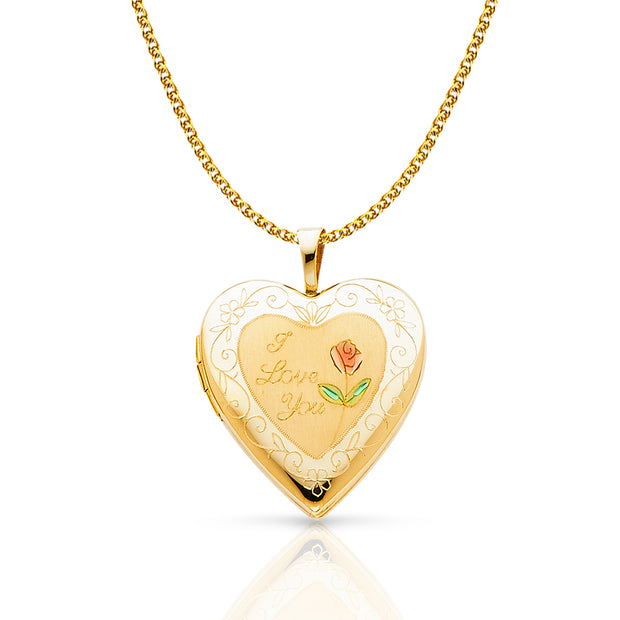 14K Gold Engraved Heart 'I Love You' with Enamel Rose Flower Locket Charm Pendant with 1.5mm Flat Open Wheat Chain Necklace