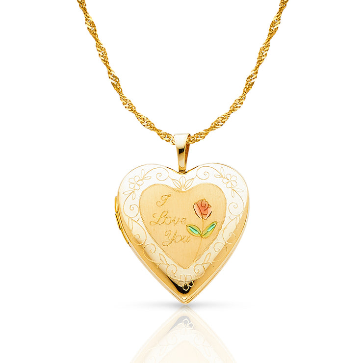 14K Gold Engraved Heart 'I Love You' with Enamel Rose Flower Locket Charm Pendant with 1.2mm Singapore Chain Necklace