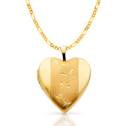 14K Gold Engraved Heart With Butterfly Locket Charm Pendant with 2mm Figaro 3+1 Chain Necklace