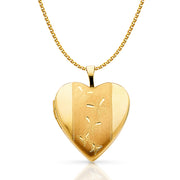 14K Gold Engraved Heart With Butterfly Locket Charm Pendant with 1.5mm Flat Open Wheat Chain Necklace