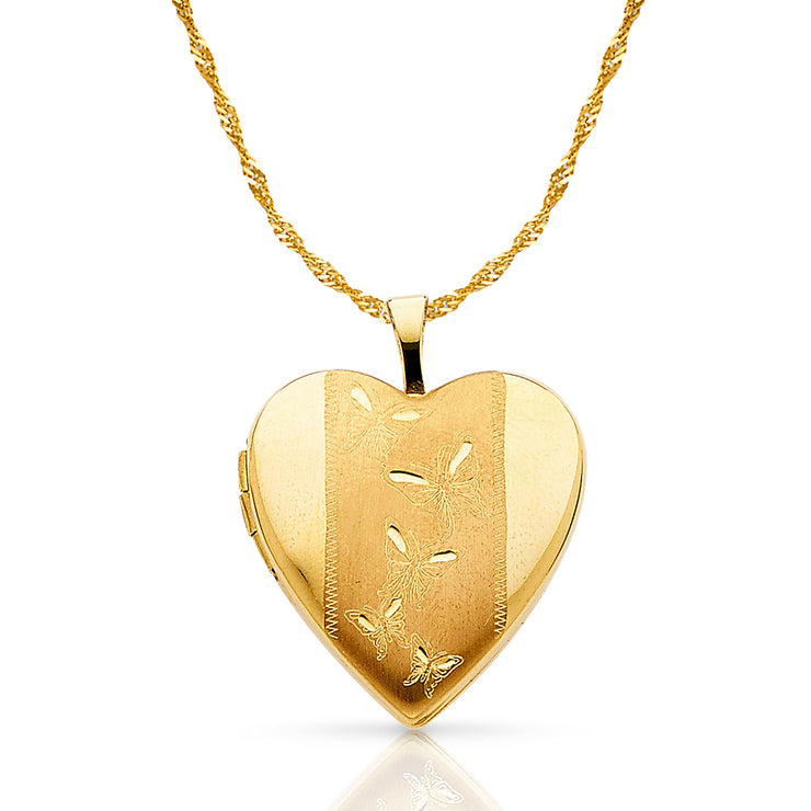 14K Gold Engraved Heart With Butterfly Locket Charm Pendant with 1.2mm Singapore Chain Necklace