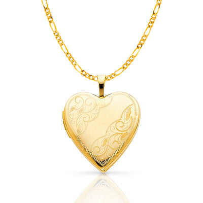 14K Gold Engraved Heart Locket Charm Pendant with 2mm Figaro 3+1 Chain Necklace