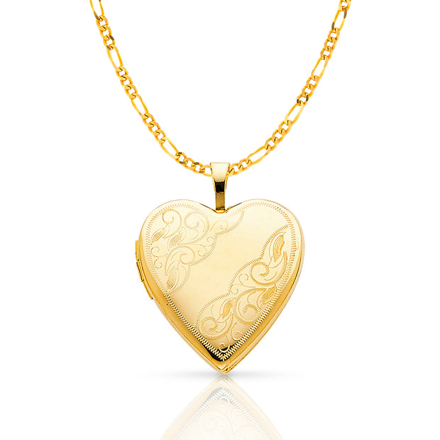 14K Gold Engraved Heart Locket Charm Pendant with 2mm Figaro 3+1 Chain Necklace