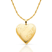 14K Gold Engraved Heart Locket Charm Pendant with 1.2mm Singapore Chain Necklace