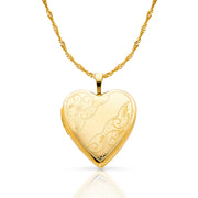 14K Gold Engraved Heart Locket Charm Pendant with 1.2mm Singapore Chain Necklace