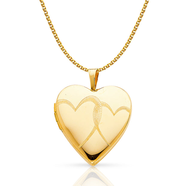 14K Gold Heart Locket Charm Pendant with 1.5mm Flat Open Wheat Chain Necklace