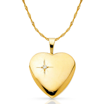 14K Gold Heart Locket Charm Pendant with 1.2mm Singapore Chain Necklace