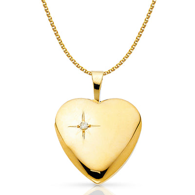 14K Gold Heart Locket Charm Pendant with 1.2mm Flat Open Wheat Chain Necklace