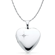 14K Gold Heart With CZ Locket Pendant with 1.5mm Rope Chain