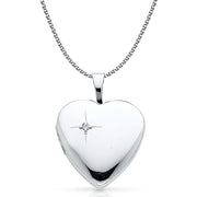 14K Gold Heart With CZ Locket Pendant with 1.3mm Flat Open Wheat Chain