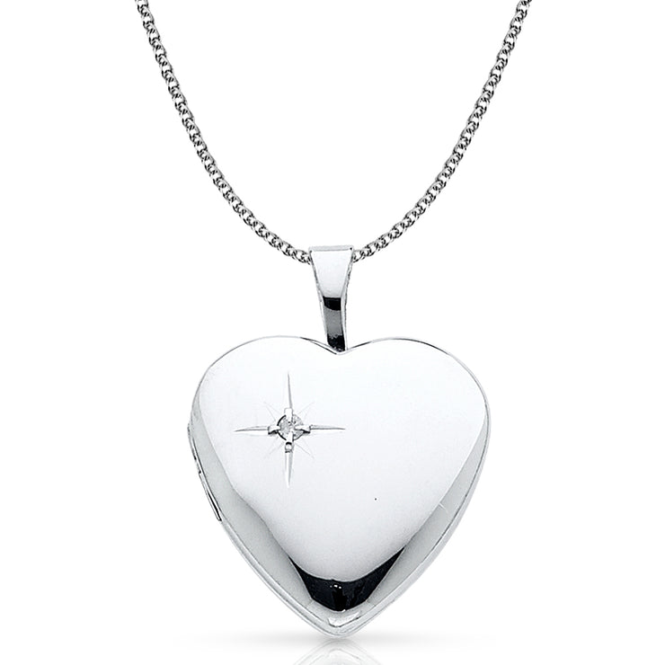 14K Gold Heart With CZ Locket Pendant with 1.3mm Flat Open Wheat Chain