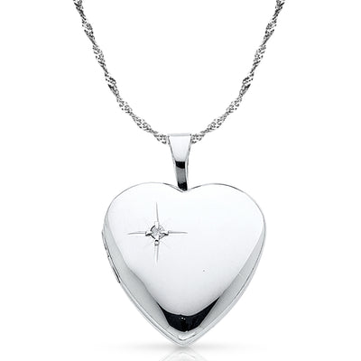 14K Gold Heart With CZ Locket Pendant with 1.2mm Singapore Chain
