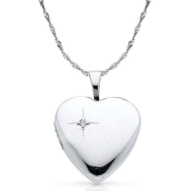 14K Gold Heart With CZ Locket Pendant with 1.2mm Singapore Chain