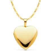 14K Gold Plain Heart Locket Charm Pendant with 2mm Figaro 3+1 Chain Necklace