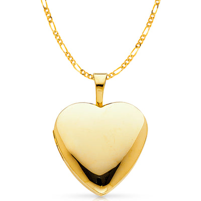 14K Gold Plain Heart Locket Charm Pendant with 2mm Figaro 3+1 Chain Necklace