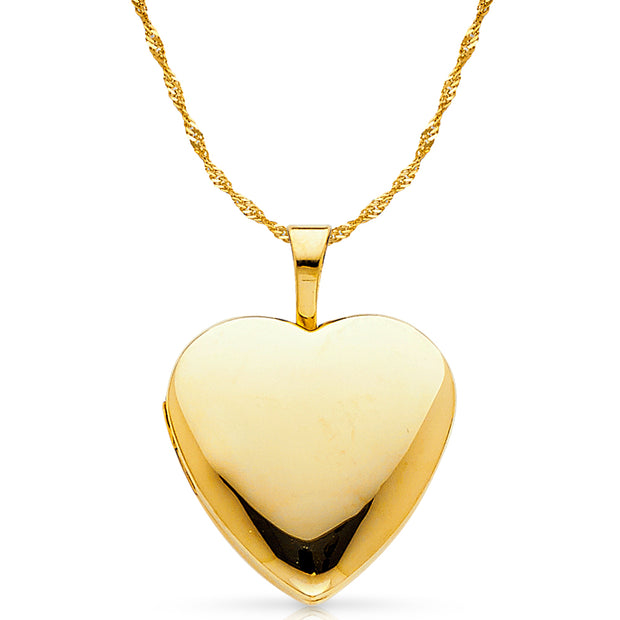 14K Gold Plain Heart Locket Charm Pendant with 1.2mm Singapore Chain Necklace