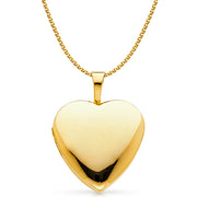 14K Gold Plain Heart Locket Charm Pendant with 1.2mm Flat Open Wheat Chain Necklace