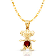 14K Gold January Birthstone CZ Girl Charm Pendant with 2mm Figaro 3+1 Chain Necklace