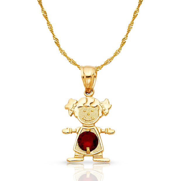 14K Gold January Birthstone CZ Girl Charm Pendant with 0.9mm Singapore Chain Necklace