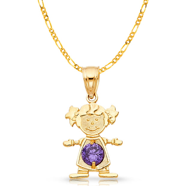 14K Gold February Birthstone CZ Girl Charm Pendant with 2mm Figaro 3+1 Chain Necklace
