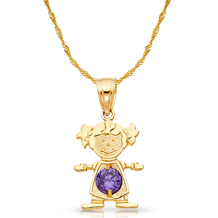 14K Gold February Birthstone CZ Girl Charm Pendant with 0.9mm Singapore Chain Necklace
