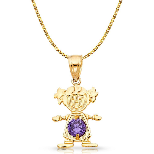 14K Gold Birthstone CZ Girl Charm Pendant with 1.2mm Flat Open Wheat Chain Necklace