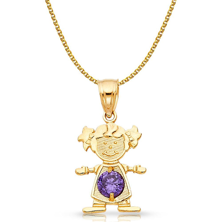 14K Gold Birthstone CZ Girl Charm Pendant with 1.2mm Flat Open Wheat Chain Necklace