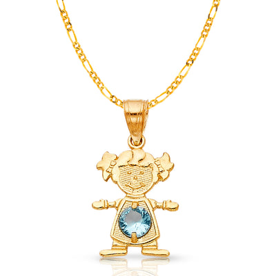 14K Gold March Birthstone CZ Girl Charm Pendant with 2mm Figaro 3+1 Chain Necklace