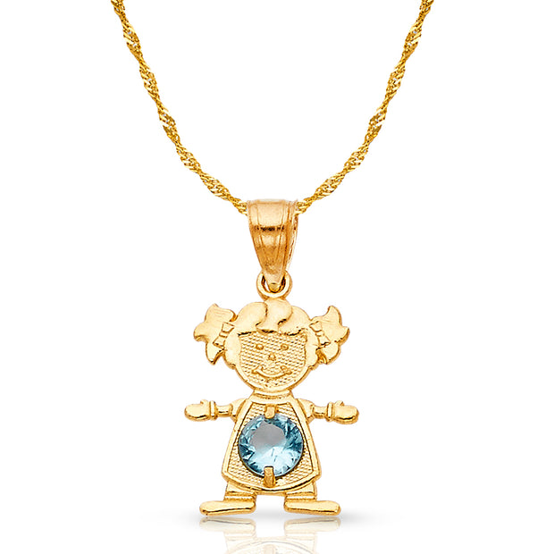 14K Gold March Birthstone CZ Girl Charm Pendant with 0.9mm Singapore Chain Necklace