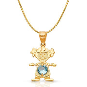 14K Gold Birthstone CZ Girl Charm Pendant with 1.2mm Flat Open Wheat Chain Necklace