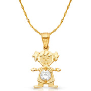 14K Gold April Birthstone CZ Girl Charm Pendant with 0.9mm Singapore Chain Necklace