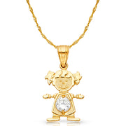 14K Gold April Birthstone CZ Girl Charm Pendant with 0.9mm Singapore Chain Necklace