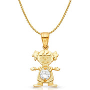 14K Gold Birthstone CZ Girl Charm Pendant with 1.2mm Flat Open Wheat Chain Necklace