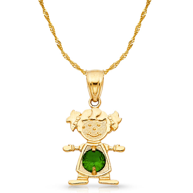 14K Gold May Birthstone CZ Girl Charm Pendant with 0.9mm Singapore Chain Necklace