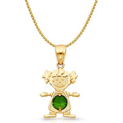 14K Gold Birthstone CZ Girl Charm Pendant with 1.2mm Flat Open Wheat Chain Necklace